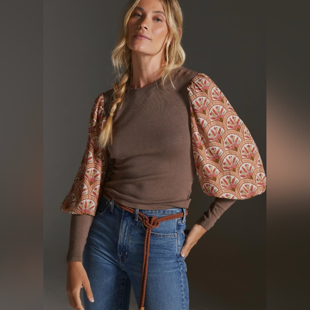 Bl-nk Puff-Sleeve Sweater. Anthropologie. Brown. Size XS